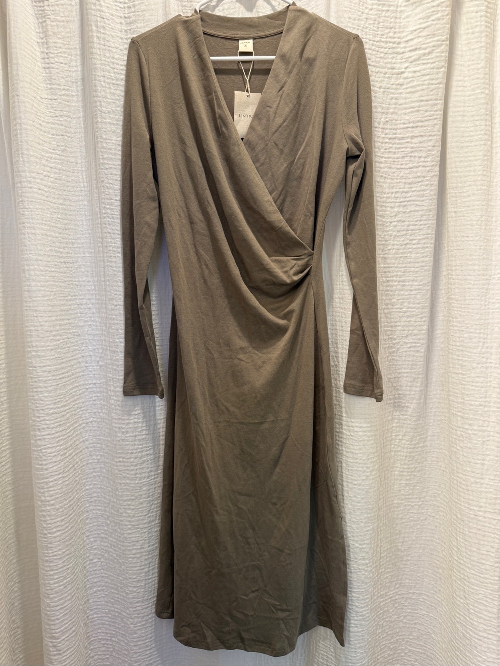NWT Lintico Premium Linen Knit Long Sleeve Wrap Midi Dress Taupe S